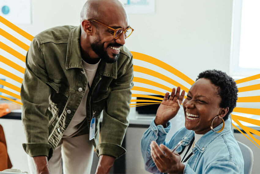 Two people laughing with a yellow wavy line in the background