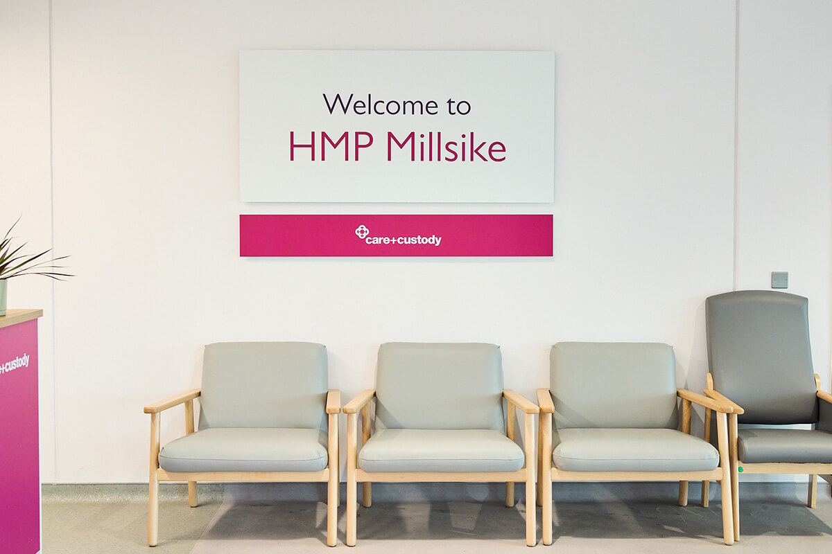HMP Millsike reception, chairs and signage