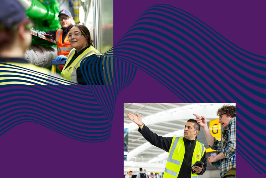 Mitie colleagues connected by a purple ribbon
