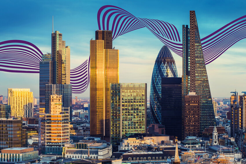London skyline with a purple ribbon surrounding the buildings