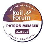 Rail Forum Patron Member 2025-26 logo - white circle with purple lettering