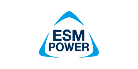 ESM Power logo - navy lettering in a light blue triangle