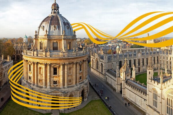 Oxford University with gold wavy lines around it