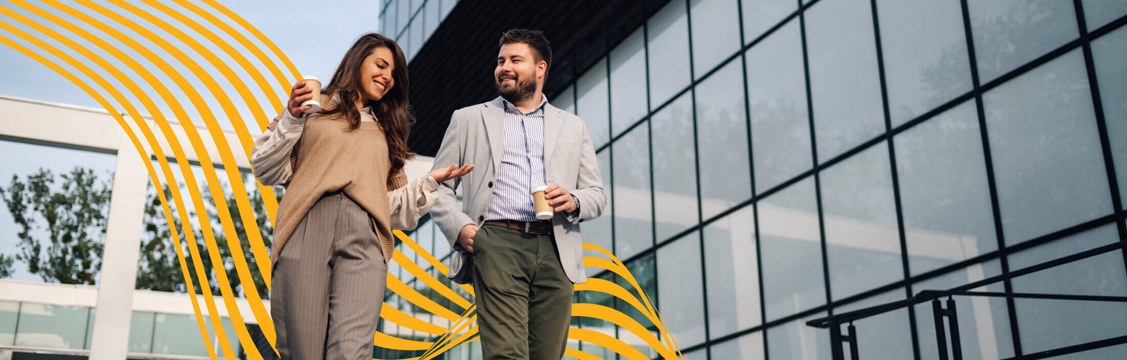 Office workers walking together, with wavy yellow lines behind them