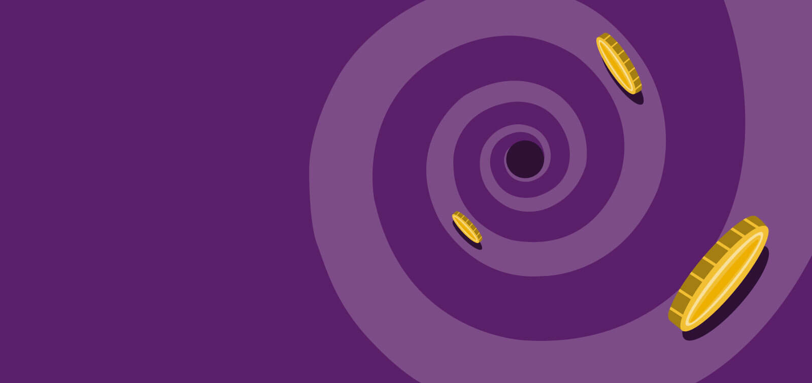 Golden coins rolling down a swirled purple drain
