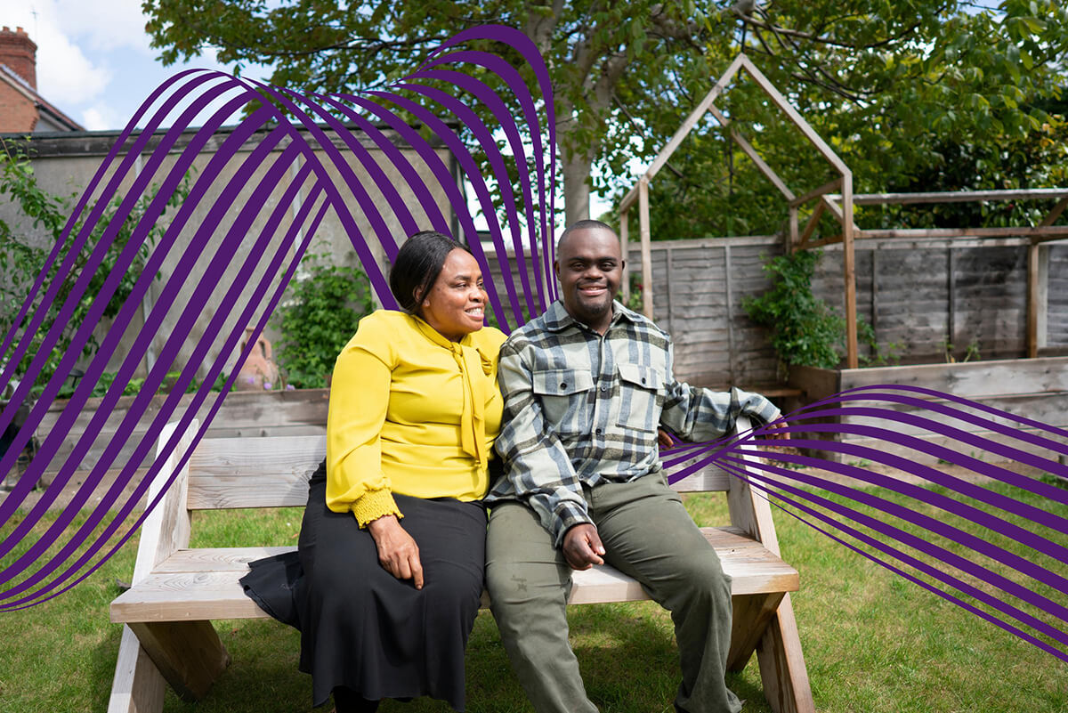 People on a wooden bench, with purple wavy lines in the background