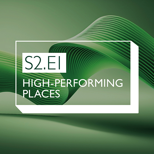 Green podcast title tile for series 2, episode 1 - High-performing places