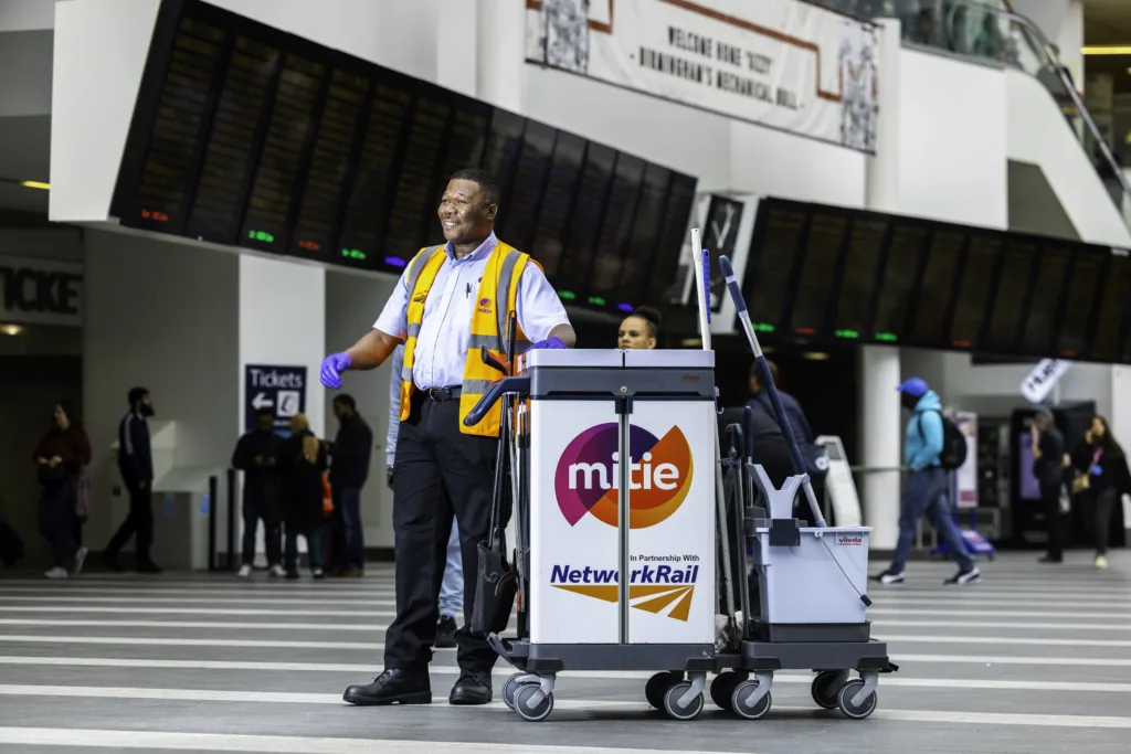 Mitie cleaner at a railway station