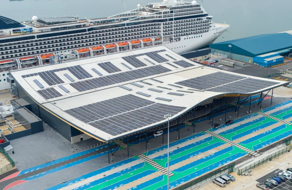 Cruise ship with solar PV canopy