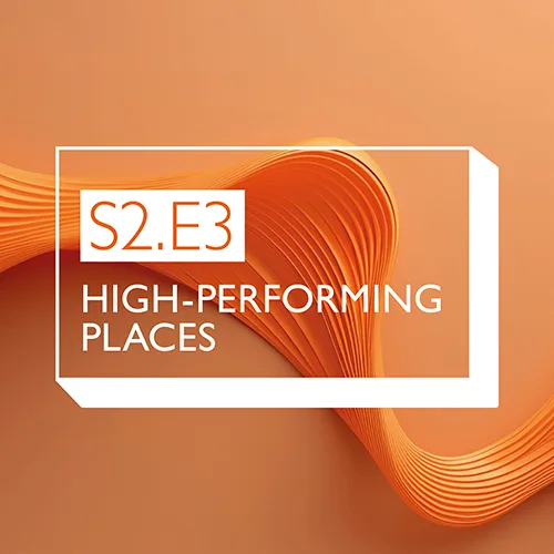 Orange podcast title tile for series 2, episode 3 - High-performing places