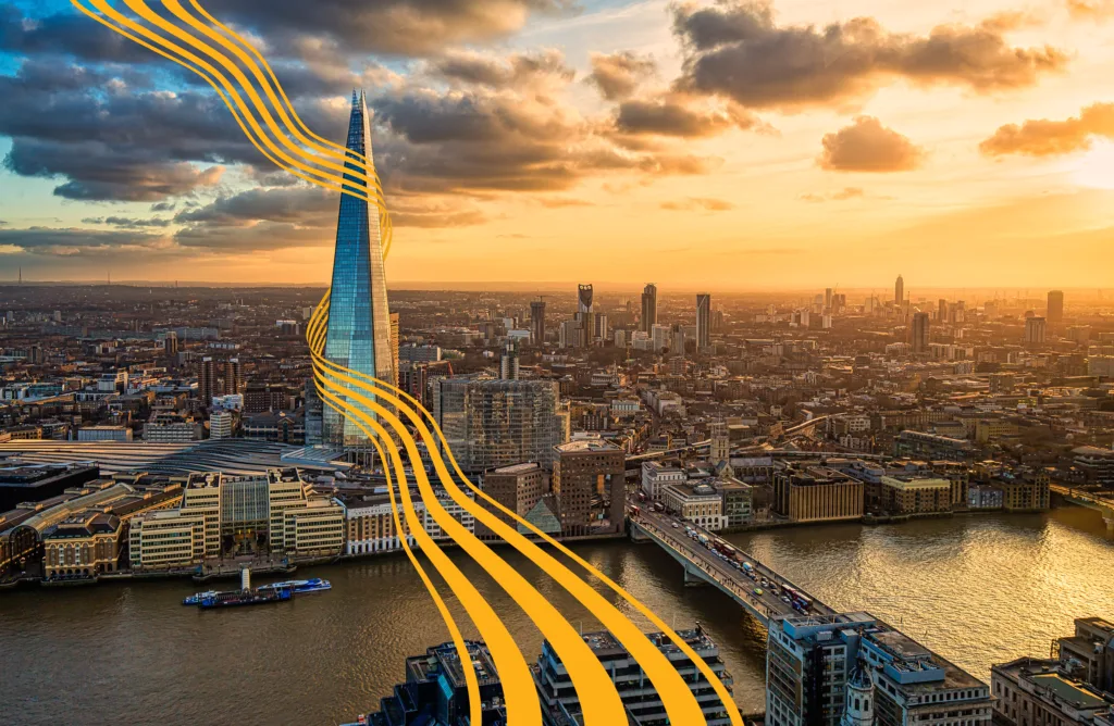The Shard in London, wrapped in a yellow Mitie fabric