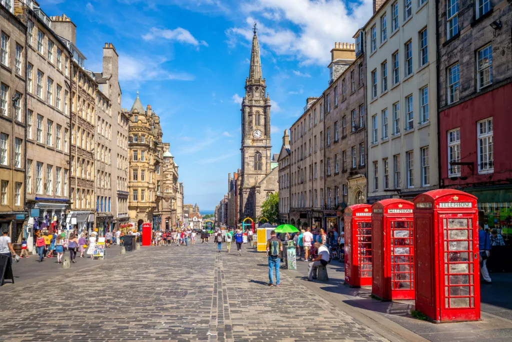 Local town centre, with cobbled streets and red telephone boxes