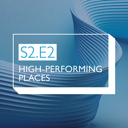 Blue podcast title tile for series 2, episode 2 - High-performing places