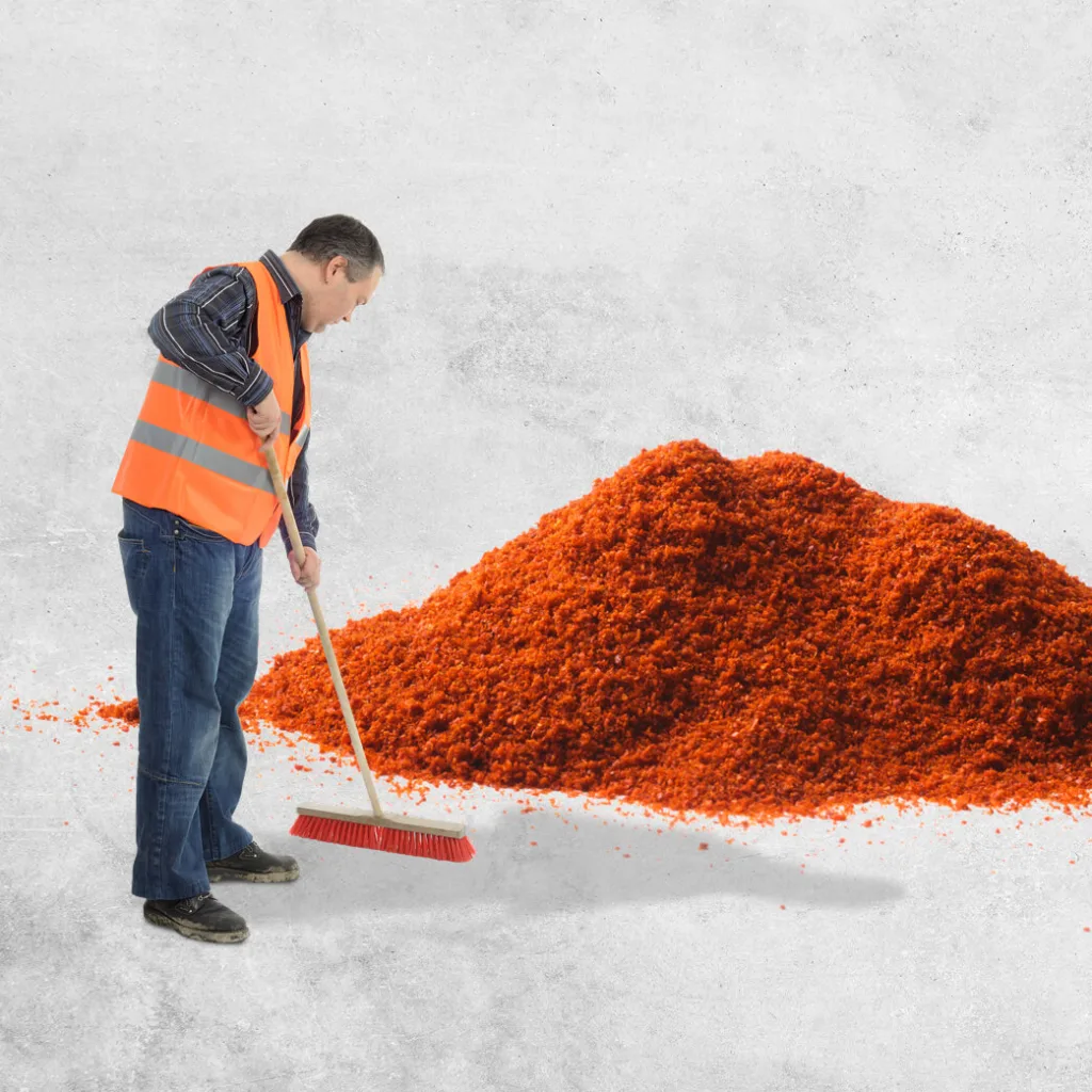 Man sweeping up a large pile of orange dust with a broom