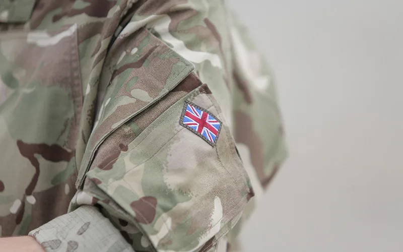 British flag on the arm of a Royal Air Force soldier uniform