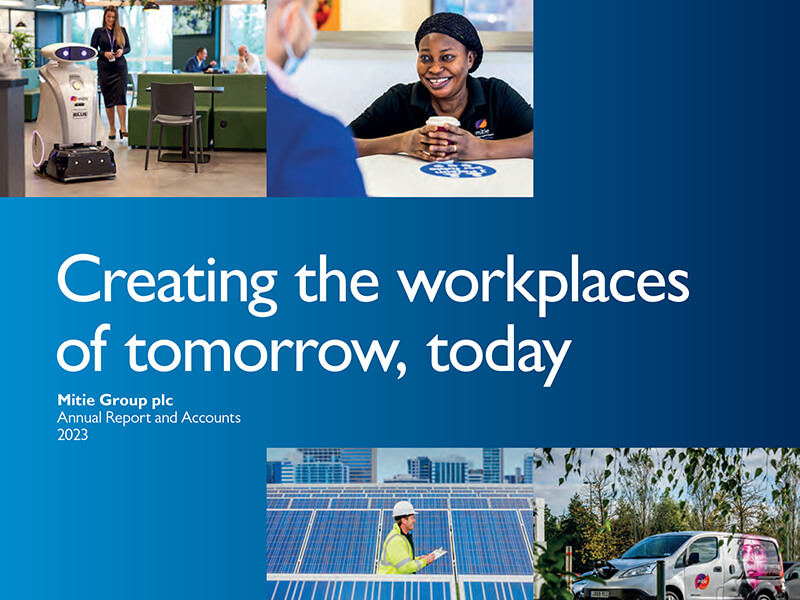 Front cover of Mitie Annual Report 2023 - blue background with white text of 'Creating the workplaces of tomorrow, today'