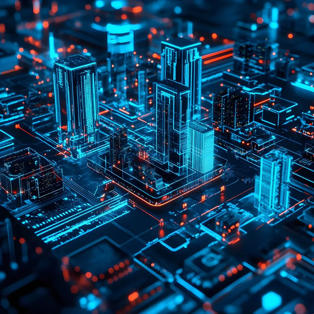 A digital cityscape built on a microchip