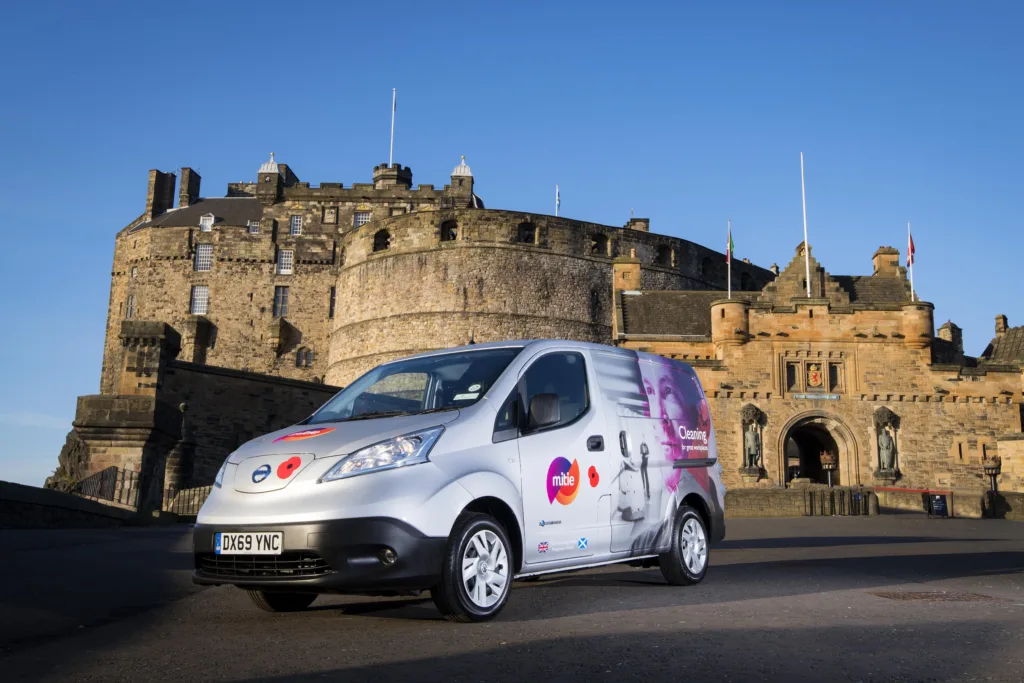 EV silver van with Mitie branding in the foreground, with Edinburgh Castle in the background
