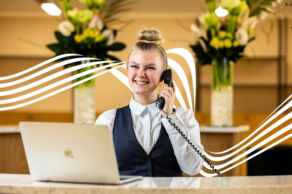 Mitie receptionist with wavy lines behind her