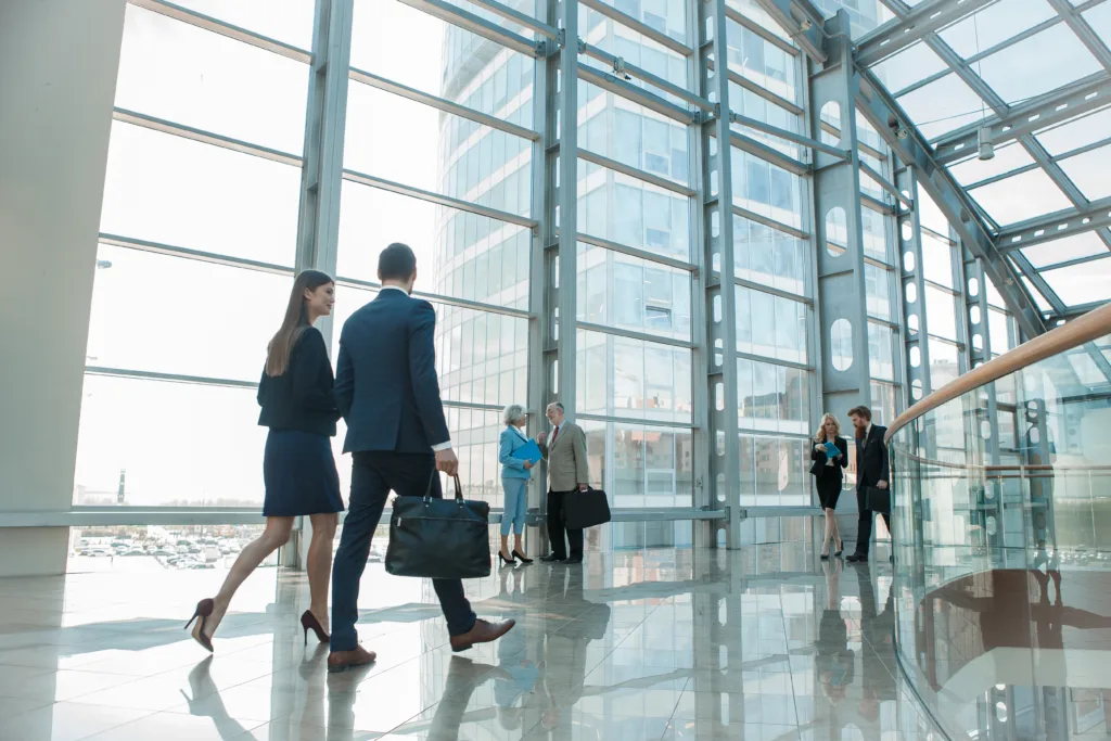 Man and woman walking in an office