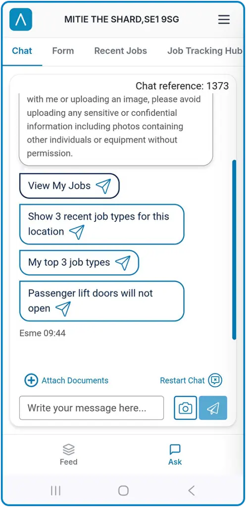 Screenshot of 'Ask' functionality on Aria mobile