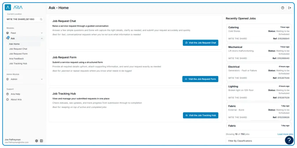 Screenshot of service requests on Aria desktop