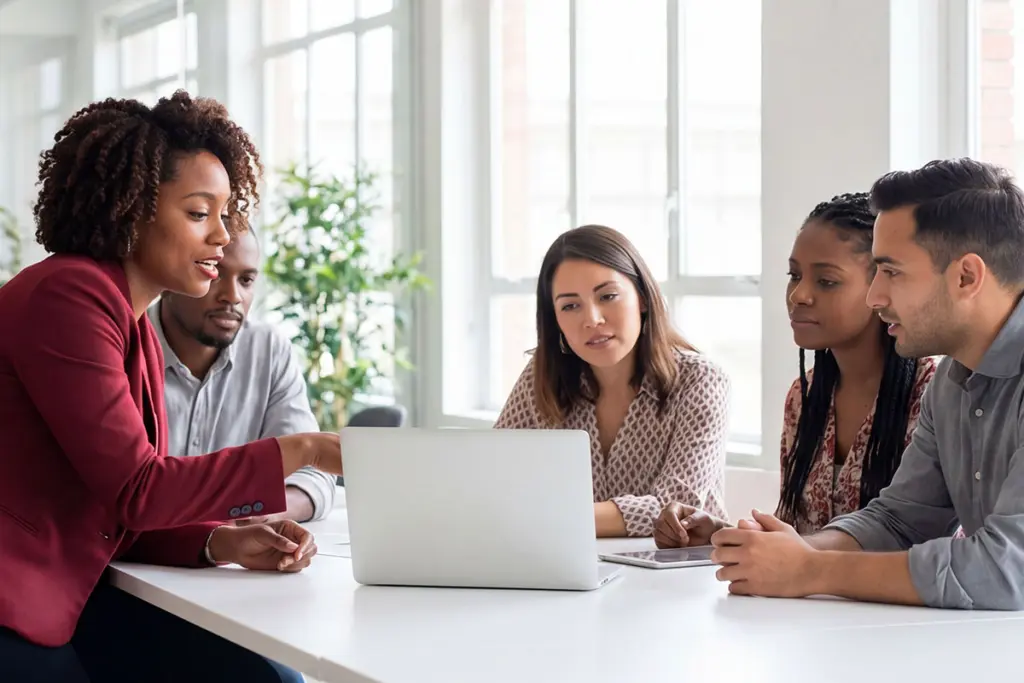 Diverse business team collaborating around laptop