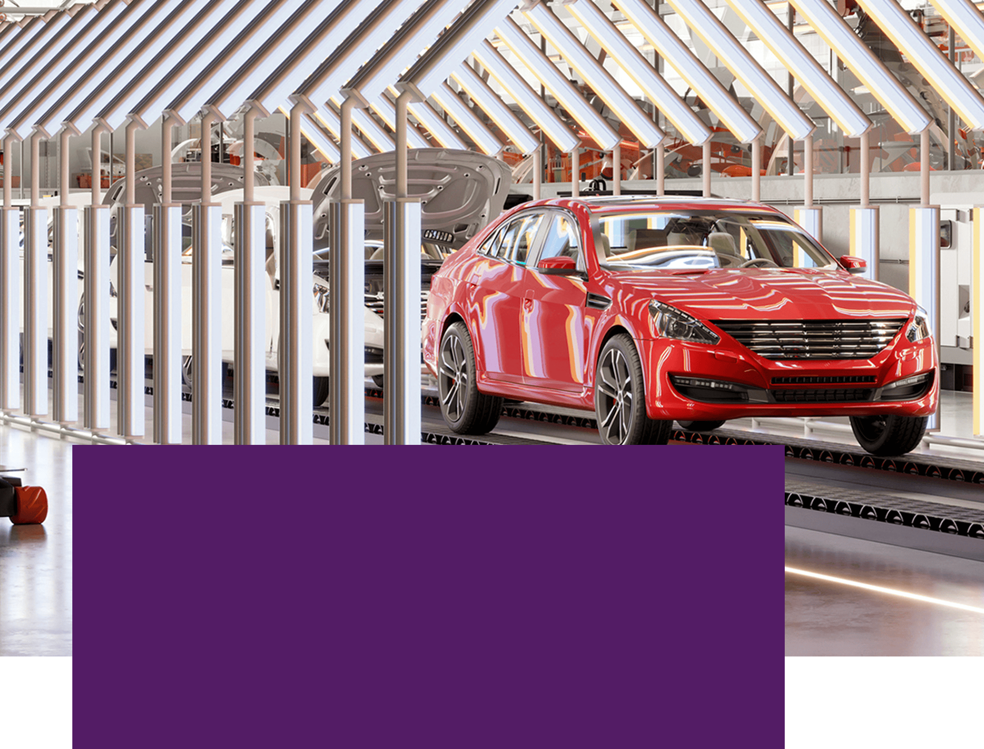 Red car on an automated production line in a vehicle manufacturing facility.