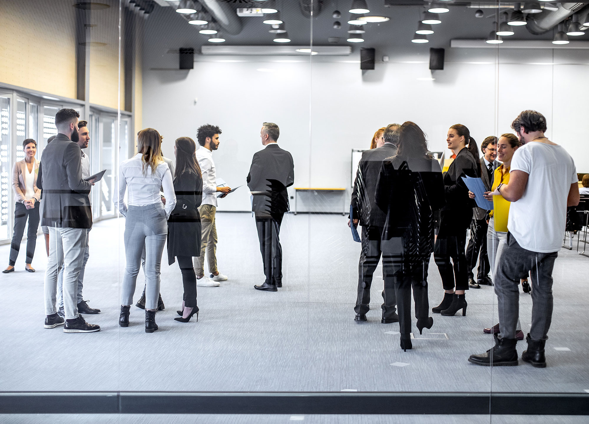 Group of people standing in meeting.
