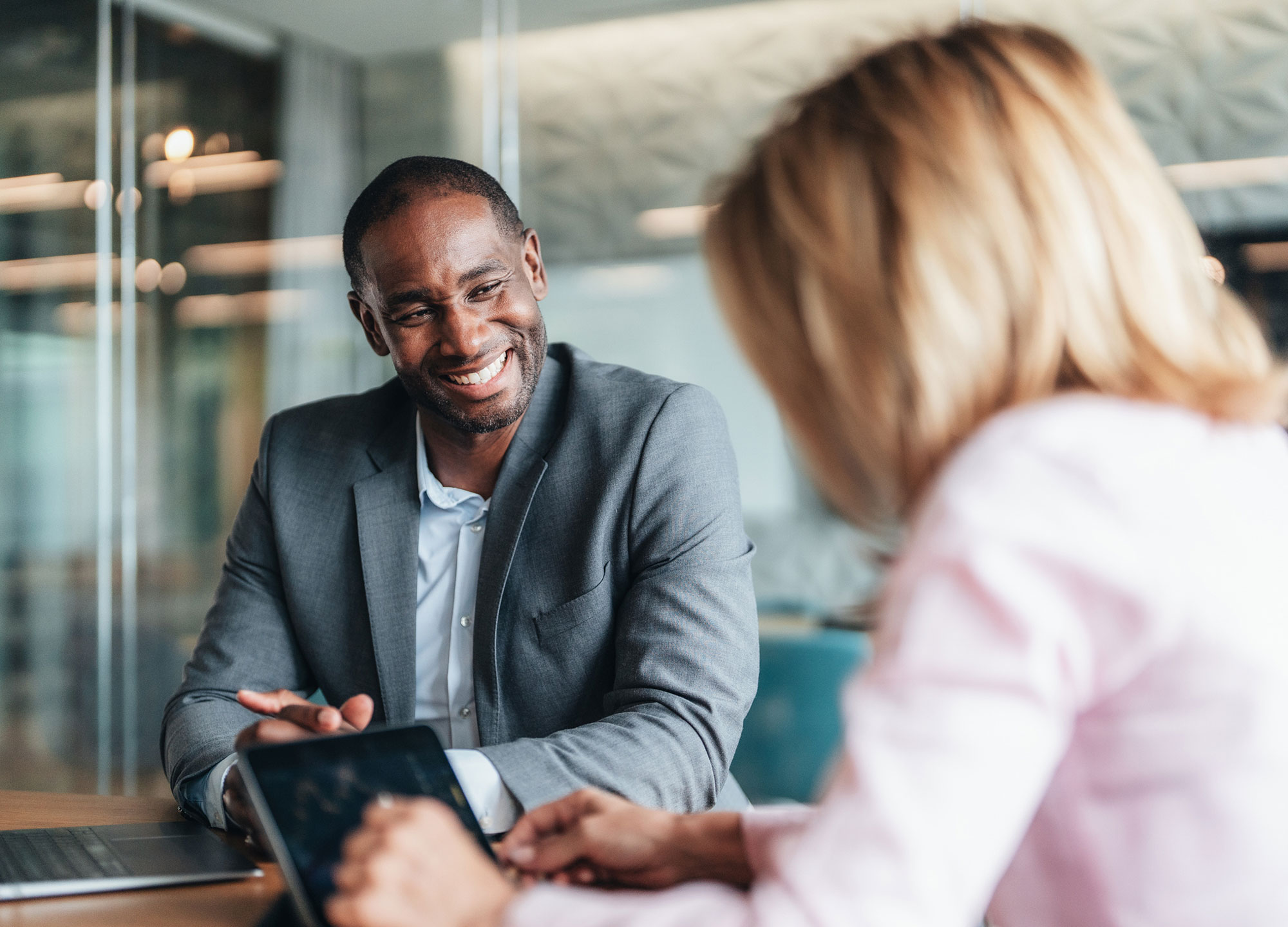 Two people in business meeting.