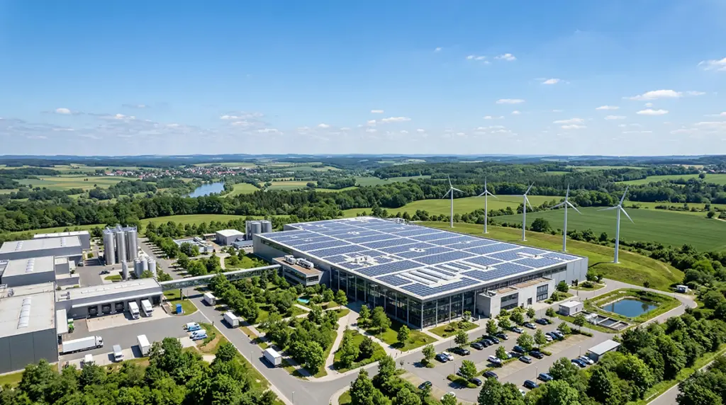 Industrial estate with solar panels and wind turbines in a green landscape