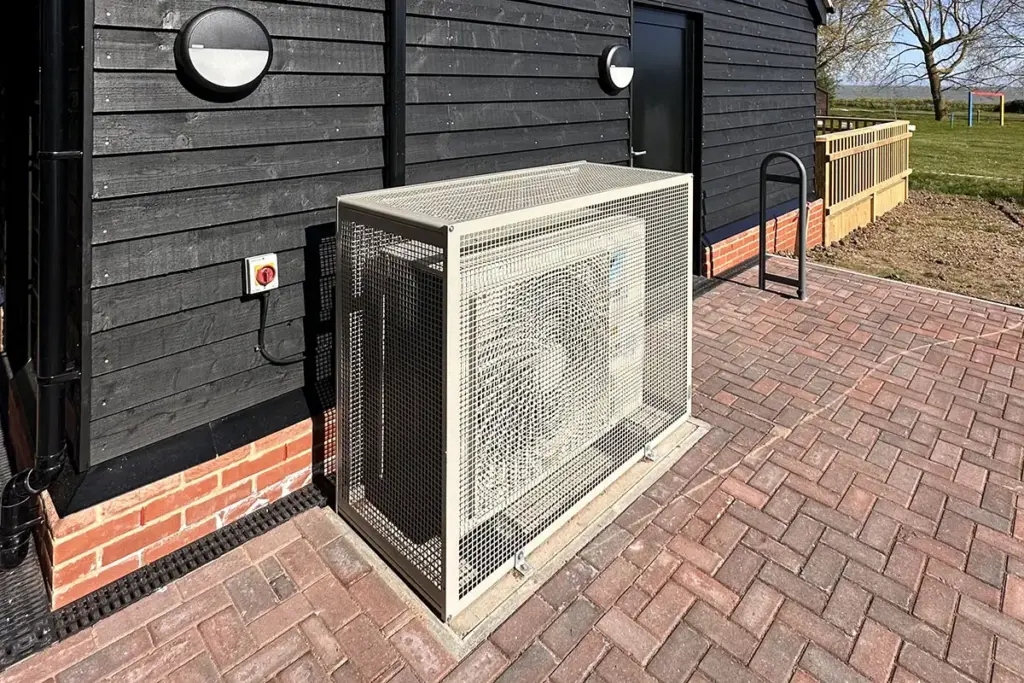 Heat pump at a new building in Essex Outdoors Mersea