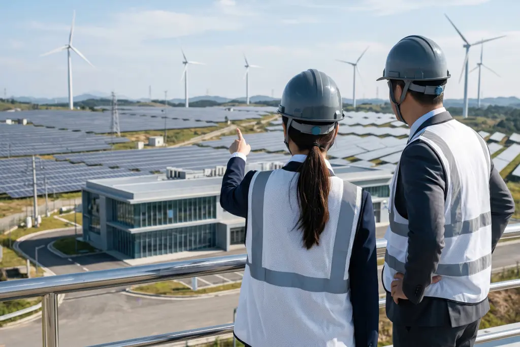 Engineers looking at a large solar panel farm