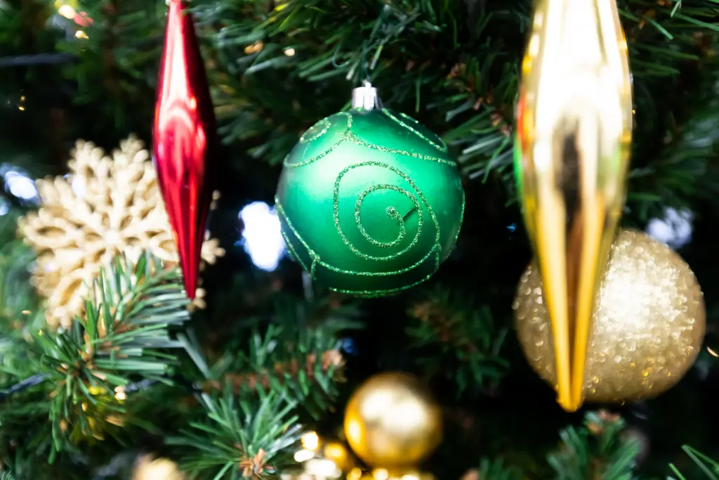 Close up of Christmas tree ornaments
