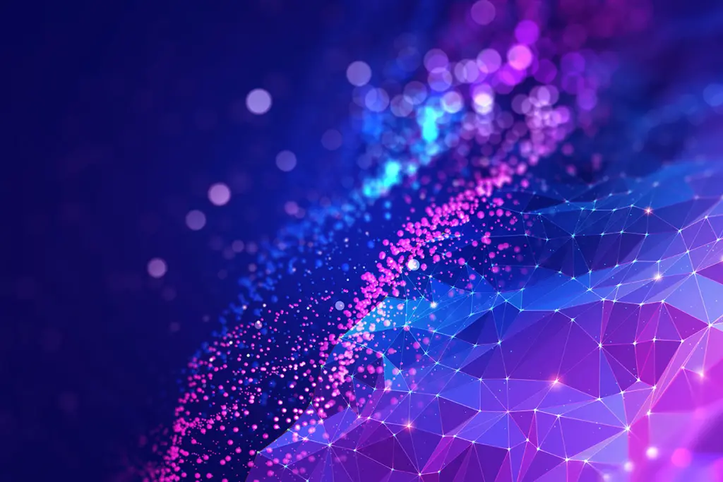 Abstract neural network 3D illustration in blue and purple